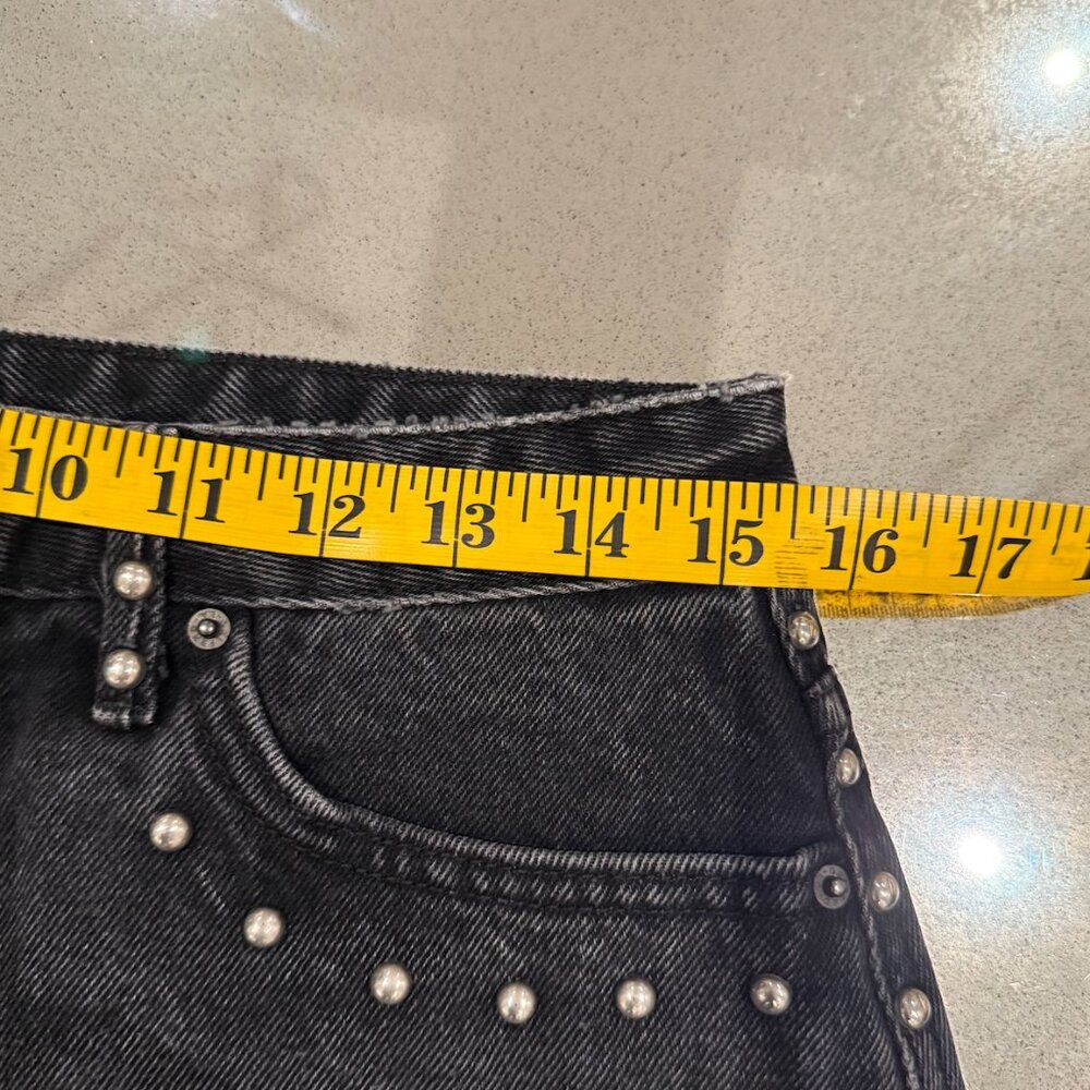GRLFRND EVA STUDDED AND GUSSET A-FRAME BLACK DENIM MINI SKIRT, RAW EDGE, SIZE 29 - Picture 12 of 13